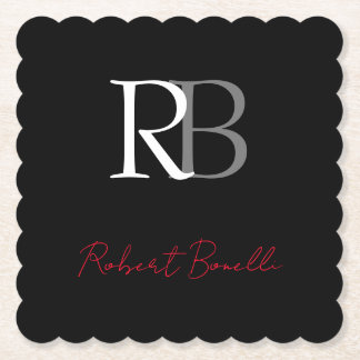 Plain Modern Black Red Monogrammed Initials Name Paper Coaster