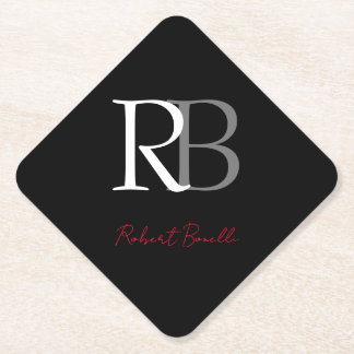 Plain Modern Black Red Monogrammed Initials Name Paper Coaster