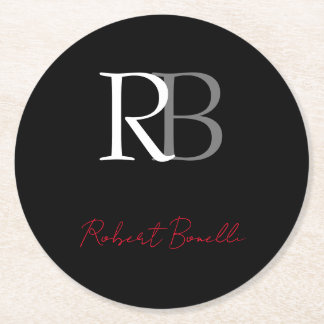 Plain Modern Black Red Monogrammed Initials Name Round Paper Coaster