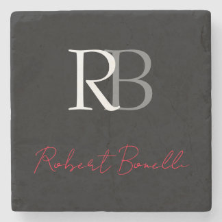 Plain Modern Black Red Monogrammed Initials Name Stone Coaster