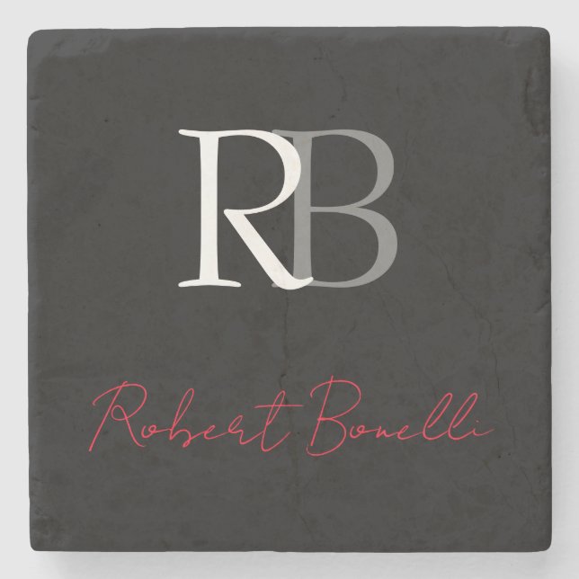 Plain Modern Black Red Monogrammed Initials Name Stone Coaster (Front)