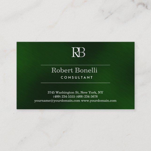 Plain Modern Green Monogram Business Card (Front)