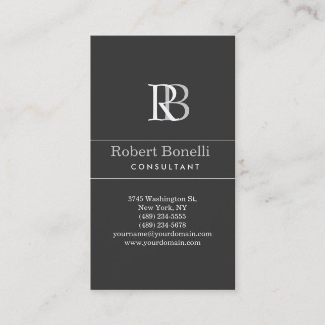 Plain Modern Grey Monogram Business Card (Front)