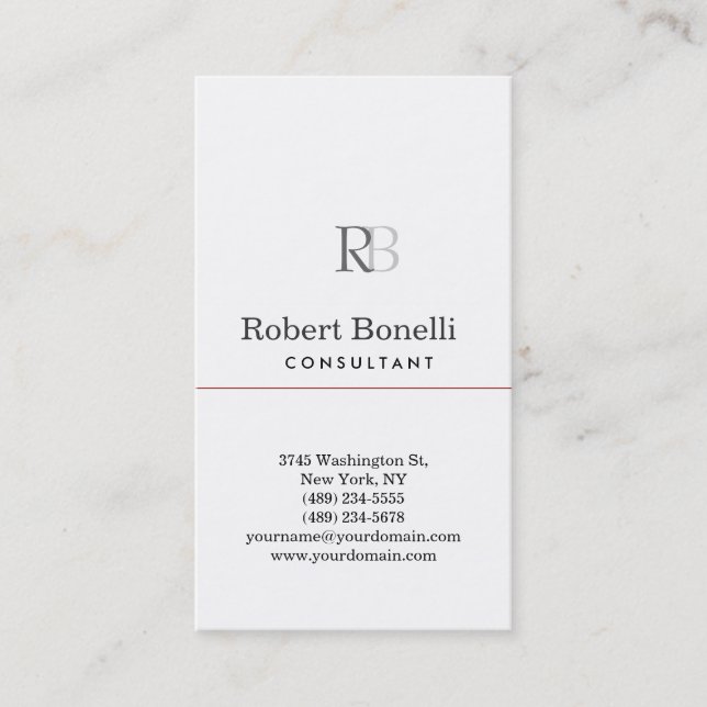 Plain Modern White Grey Monogram Business Card (Front)