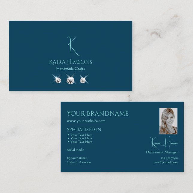 Plain Ocean Blue with Monogram Photo and Jewels Business Card (Front/Back)