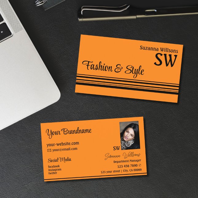 Plain Orange Black Stripes with Monogram and Photo Business Card (Creator Uploaded)