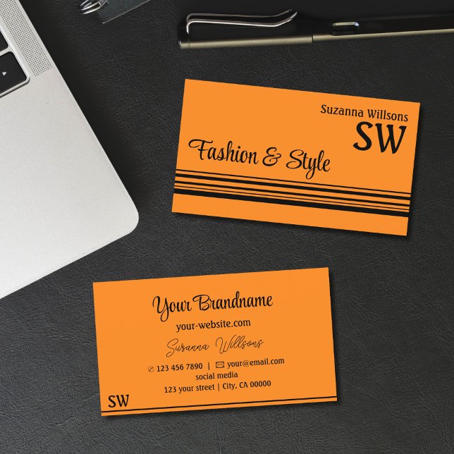 Plain Orange Black Stripes with Monogram Stylish Business Card (Creator Uploaded)