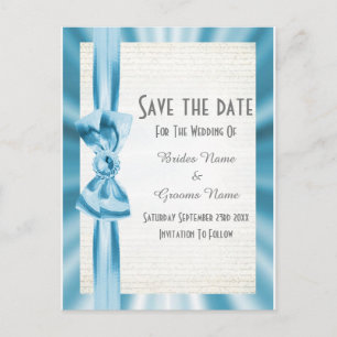 Plain pastel blue satin ribbon bow save the date announcement postcard