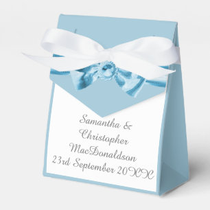Plain pastel blue satin ribbon bow wedding favor box