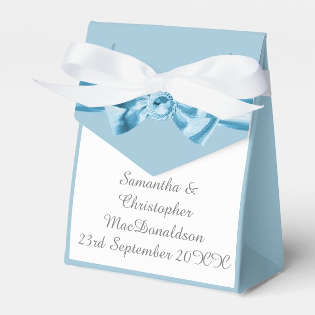Plain pastel blue satin ribbon bow wedding favor box (Front Side)