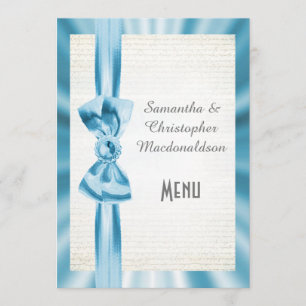 Plain pastel blue satin ribbon bow wedding menu