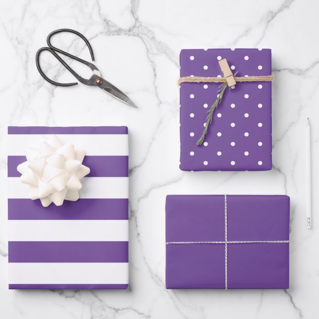 Plain Purple Polka Dot Wide Striped and Solid Wrapping Paper Sheet (Front)