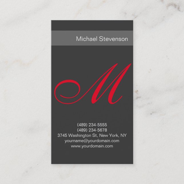 Plain Red Grey Calligraphy Monogram Business Card (Front)