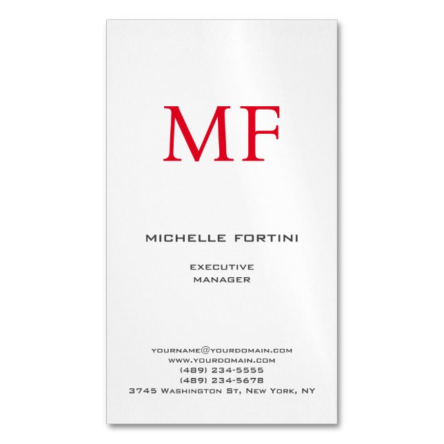 Plain Red Monogram Cute Minimalist Plain  Magnetic Business Card (Front Vertical)