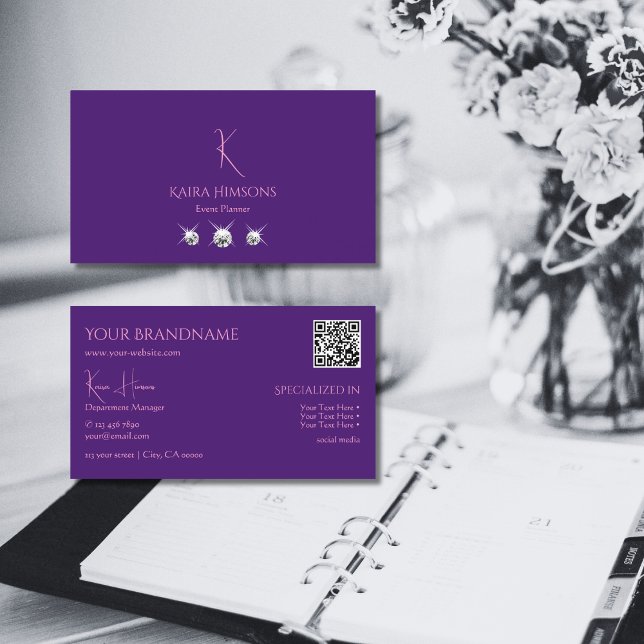 Plain Royal Purple with Monogram QRCode and Jewels Business Card (Creator Uploaded)