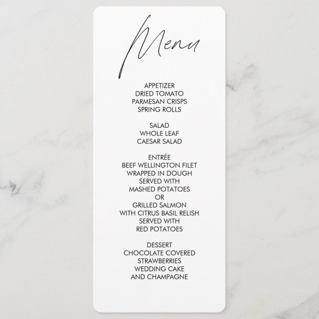 Plain Script Round Wedding Menu White (Front)