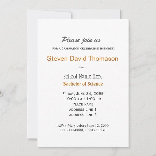 Plain, simple grey and white graduation invitation (Front)