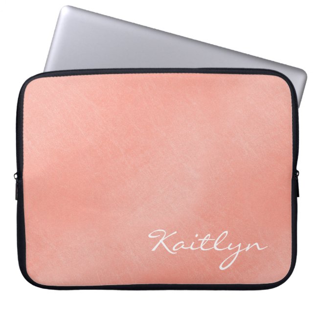 Plain Simple Peachy Pink Crinkle Faded With Name Laptop Sleeve (Front)