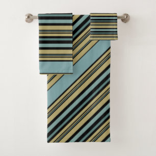 Plain Striped Olive green, Black and Grey Throw Pi Bath Towel Set
