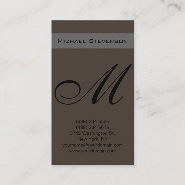 Plain Taupe Colour Script Monogram Business Card (Front)