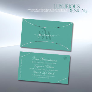 Plain Teal with Silver Decor and Monogram Modern Business Card