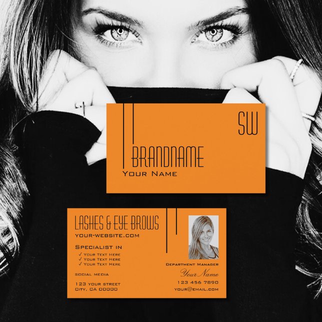 Plain Tiger Orange Simple with Monogram and Photo Business Card (Creator Uploaded)