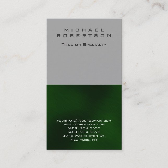 Plain Vertical Green Grey Unique Business Card (Front)