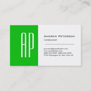 Plain White Green Stripe Monogram Business Card