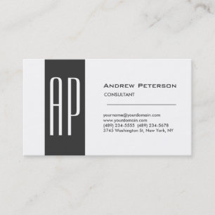 Plain White Grey Stripe Monogram Business Card