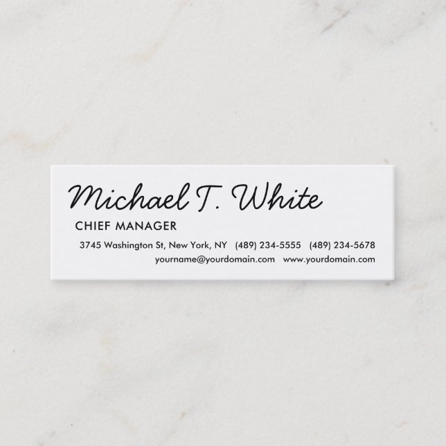 Plain White Modern Script Minimalist Slim Mini Business Card (Front)