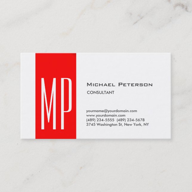 Plain White Red Stripe Monogram Business Card (Front)
