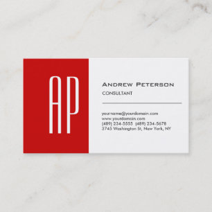 Plain White Red Stripe Monogram Business Card