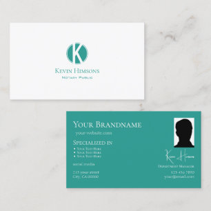 Plain White Teal Circle with Monogram and Photo Business Card
