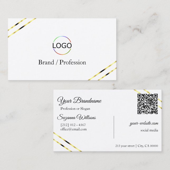 Plain White with Gold Lines Logo and QR Code Business Card (Front/Back)