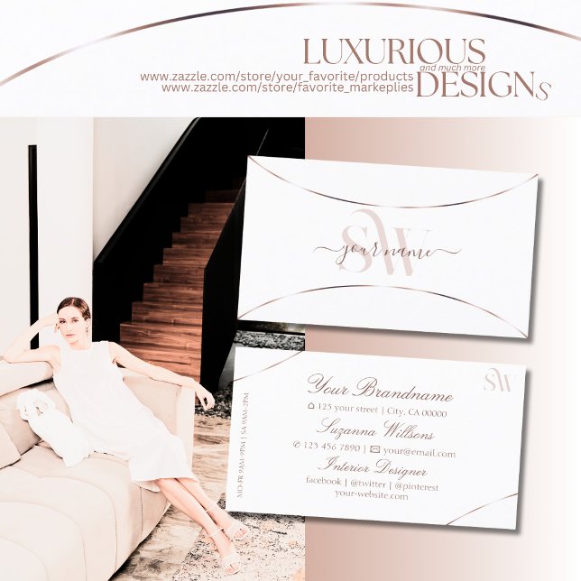 Plain White with Rose Gold Decor and Monogram Chic Business Card (Creator Uploaded)