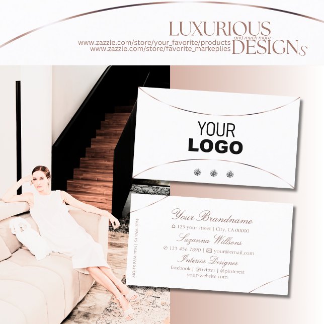 Plain White with Rose Gold Decor Jewels and Logo Business Card (Creator Uploaded)