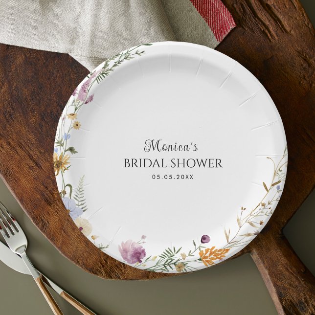 Plain Wildflower Round Foliage Frame Bridal Shower Paper Plate (Creator Uploaded)