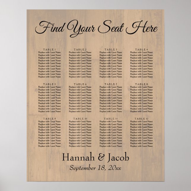 Plain Wooden Back Wedding Reception Seating Chart (Front)