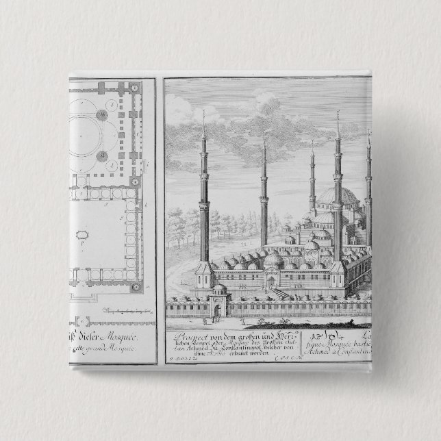 Plan and View of the Blue Mosque (1609-16), built 2 Inch Square Button (Front)