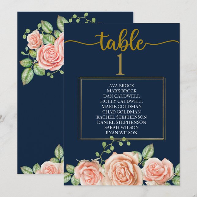 Plan de table carte table Navy Blue Gold Blush (Devant / Derrière)