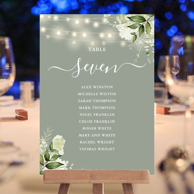 Plan de table de mariage avec numéros de table en  (Sage Green Greenery Seating Plan Table Number)