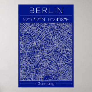 Plan de ville de Berlin Poster Bleu Minimal Urbain