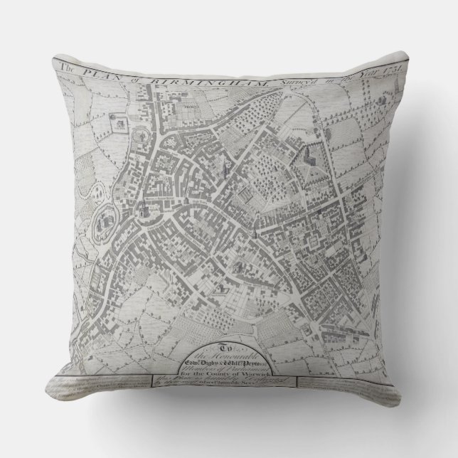 Plan of Birmingham, 1731, published 1789 (engravin Throw Pillow (Front)