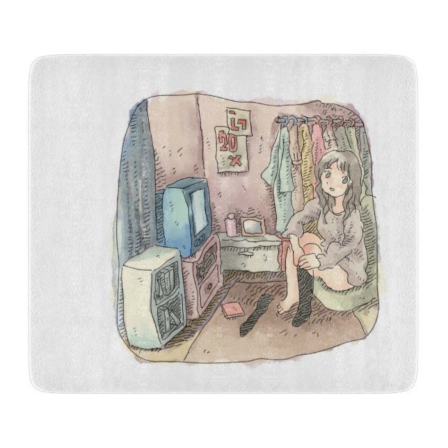 PLANCHE À DÉCOUPER さやしくじ　衣類のかけてある部屋の座椅子に座ってテレビを見ながら靴下をはいている女性のイラスト (Devant)