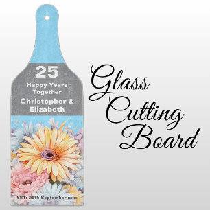 Planche À Découper 25e anniversaire argent floral bleu