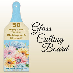 Planche À Découper 50e anniversaire or floral bleu