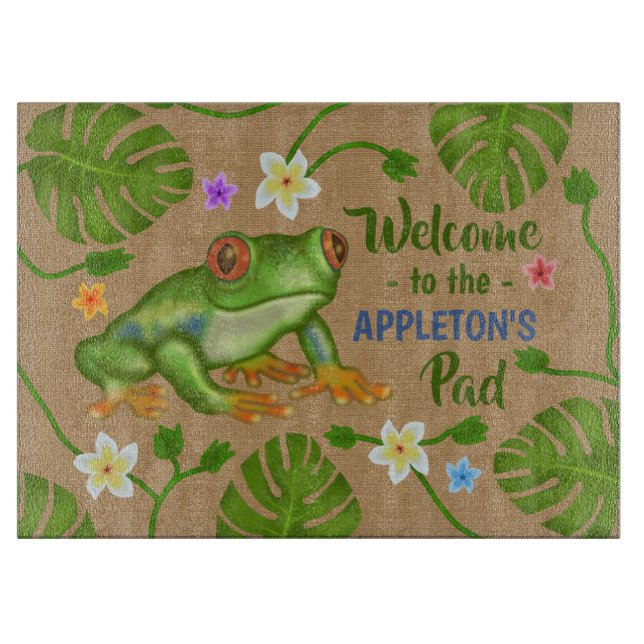 Planche À Découper Accueil tropical de grenouille au nom personnalisé (Devant)