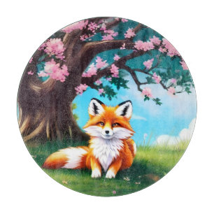 Planche À Découper Adorable Renard assis sous l'arbre