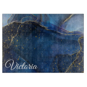 Planche À Découper Agate bleu marine avec veine or et nom