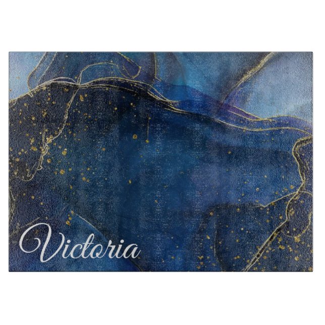 Planche À Découper Agate bleu marine avec veine or et nom (Devant)